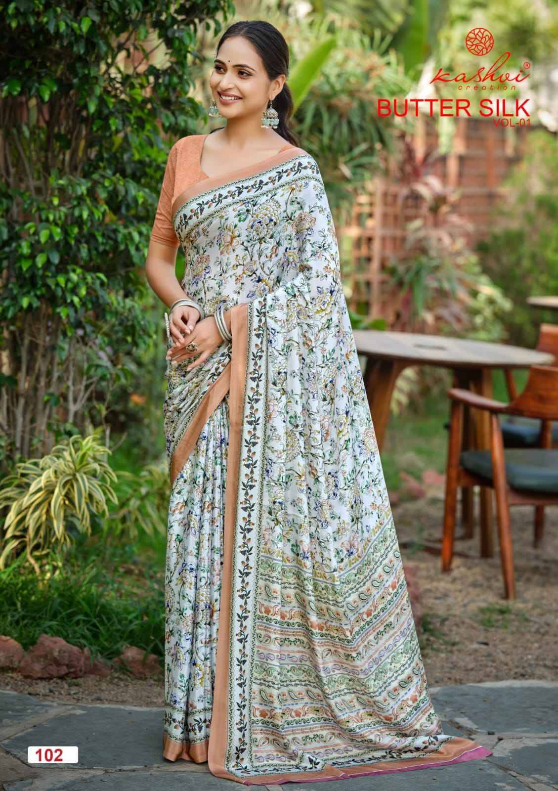 BUTTER SILK By KASHVI 101 to 108 Series Indian Traditional Wear Collection Beautiful Stylish Fancy Colorful Party Wear & Occasional Wear SILK CRAPE DIGITAL PRINT Sarees At Wholesale Price